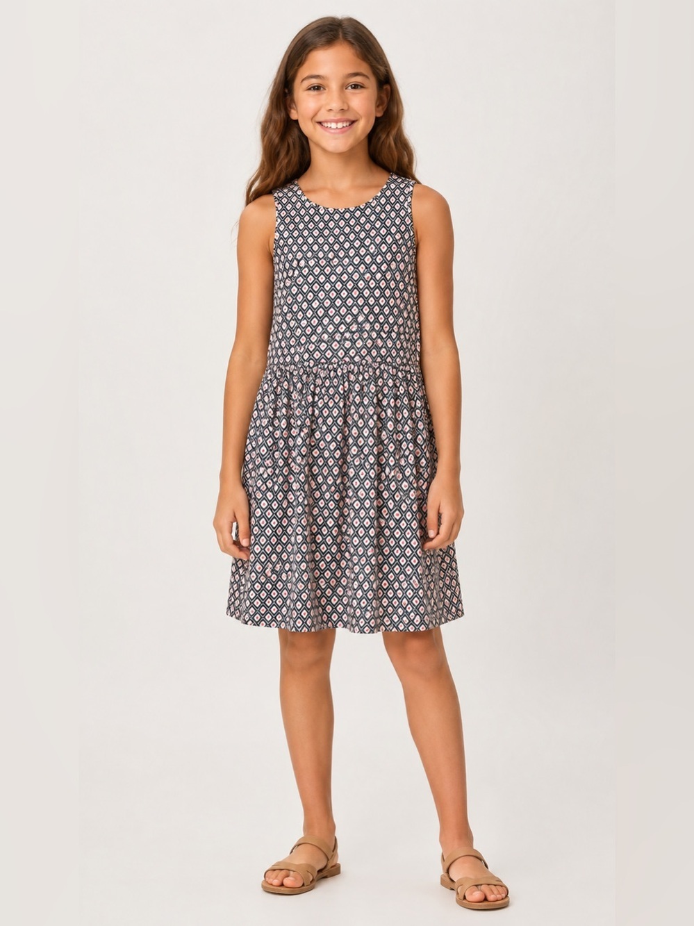 C&A Girls Geometric Print Cotton Dress Size 140 (9-10) Sleeveless